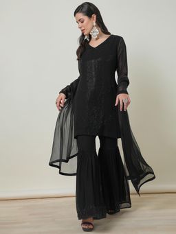 Soch - Womens Black Georgette Beads Suit Kurta with Sharara & Dupatta (Set of 3)