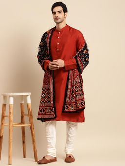 KISAH - Mens Red Cotton Blend Kurta and Churidar with Dupatta (Set of 3)