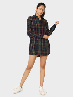 How When Wear - Dark Navy Check Shirt Dress