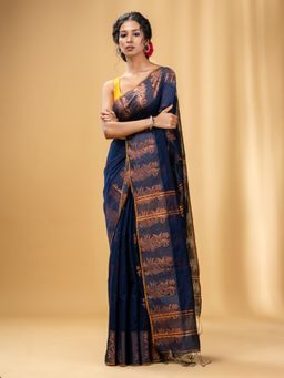 CHARUKRITI - Navy Blue Cotton Blend Handwoven Saree with Nakshi Design with Unstitched Blouse