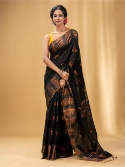 CHARUKRITI - Black Cotton Blend Handwoven Saree with Nakshi Design with Unstitched Blouse