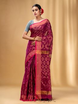 CHARUKRITI - Magenta Cotton Blend Handwoven Saree with Texture Pattern with Unstitched Blouse
