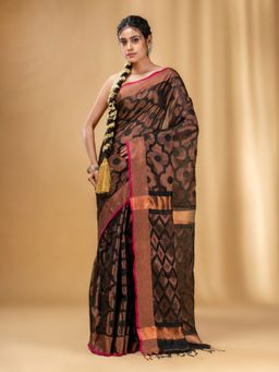 CHARUKRITI - Black Cotton Blend Handwoven Saree with Texture Pattern with Unstitched Blouse