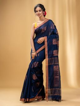 CHARUKRITI - Navy Blue Cotton Blend Handwoven Saree with Nakshi Design with Unstitched Blouse