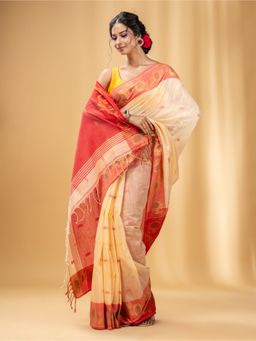 CHARUKRITI - Cream Cotton Handspun Handwoven Saree with Floral Motifs with Unstitched Blouse