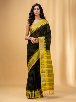 CHARUKRITI - Black Cotton Handwoven Checkered Saree with Zari Nakshi Borders with Unstitched Blouse