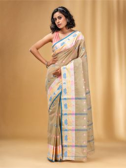 CHARUKRITI - All-Over Texture Motifs Ecru Handwoven Cotton Tant Saree
