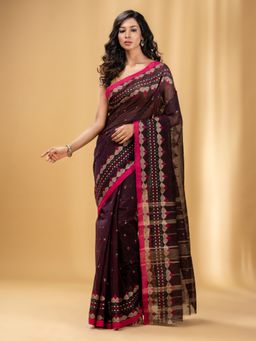 CHARUKRITI - Wine Handwoven Cotton Tant Saree