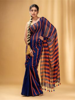 CHARUKRITI - Blue and Orange Cotton Handwoven Soft Saree with Stripe Pattern with Unstitched Blouse