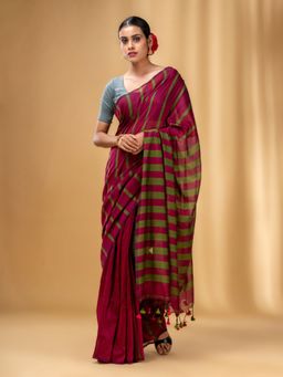 CHARUKRITI - Fuchsia and Green Cotton Handwoven Soft Saree with Stripe Pattern with Unstitched Blouse