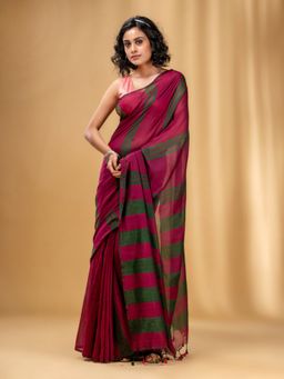 CHARUKRITI - Magenta and Green Cotton Handwoven Soft Saree with Stripe Pattern with Unstitched Blouse