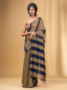 CHARUKRITI - Beige and Blue Cotton Handwoven Soft Saree with Stripe Pattern with Unstitched Blouse
