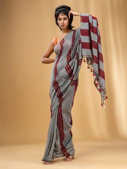 CHARUKRITI - Grey and Red Cotton Handwoven Soft Saree with Stripe Pattern with Unstitched Blouse