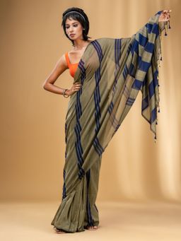 CHARUKRITI - Ecru and Blue Cotton Handwoven Soft Saree with Stripe Pattern with Unstitched Blouse