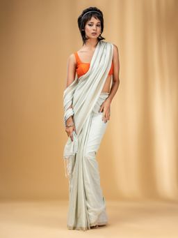 CHARUKRITI - Off White Cotton Handwoven Saree with Stripes Pallu with Unstitched Blouse