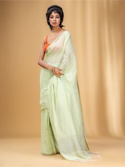 CHARUKRITI - Light Green Cotton Handwoven Saree with Stripes Pallu with Unstitched Blouse