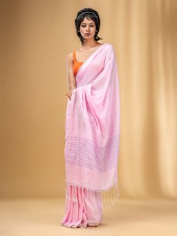 CHARUKRITI - Baby Pink Cotton Handwoven Saree with Stripes Pallu with Unstitched Blouse