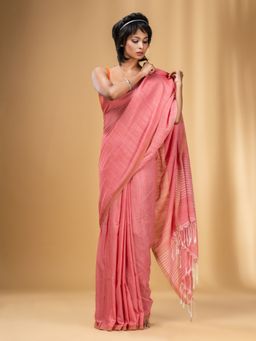 CHARUKRITI - Salmon Red Cotton Handwoven Saree with Stripes Pallu with Unstitched Blouse