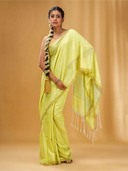 CHARUKRITI - Lime Green Cotton Handwoven Saree with Stripes Pallu with Unstitched Blouse