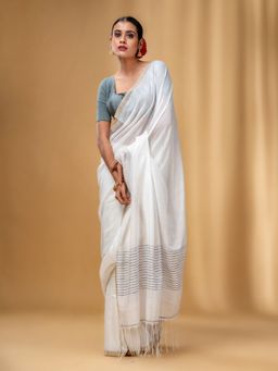 CHARUKRITI - White Cotton Handwoven Saree with Stripes Pallu with Unstitched Blouse