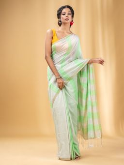 CHARUKRITI - Green and Beige Cotton Handwoven Soft Saree with Stripe Pattern with Unstitched Blouse