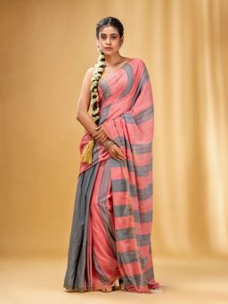 CHARUKRITI - Grey and Red Cotton Handwoven Soft Saree with Stripe Pattern with Unstitched Blouse