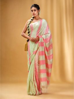 CHARUKRITI - Light Green and Pink Handwoven Soft Saree with Stripe Pattern with Unstitched Blouse