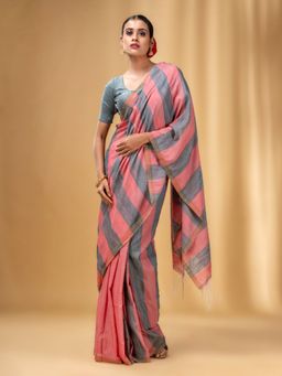 CHARUKRITI - Red and Grey Cotton Handwoven Half N Half Soft Saree with Unstitched Blouse