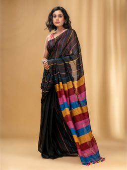 CHARUKRITI - Black Cotton Handwoven Soft Saree with Stripe Pattern with Unstitched Blouse