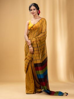 CHARUKRITI - Mustard Cotton Handwoven Soft Saree with Stripe Pattern with Unstitched Blouse