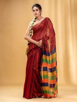 CHARUKRITI - Brick Red Cotton Handwoven Soft Saree with Stripe Pattern with Unstitched Blouse