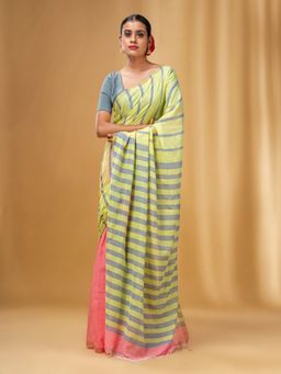 CHARUKRITI - Lemon Yellow and Peach Cotton Handwoven Half N Half Stripe Saree with Unstitched Blouse