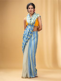 CHARUKRITI - Sky Blue and Beige Handwoven Half N Half Saree with Stripe Pattern with Unstitched Blouse