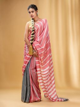 CHARUKRITI - Red and Grey Handwoven Half N Half Saree with Stripe Pattern with Unstitched Blouse