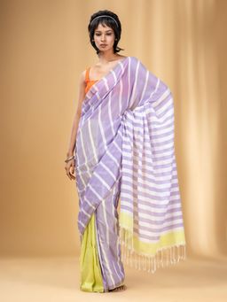 CHARUKRITI - Lavender and Lemon Yellow Handwoven Half N Half Stripe Saree with Unstitched Blouse