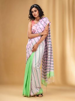 CHARUKRITI - Baby Pink and Light Green Handwoven Half N Half Stripe Saree with Unstitched Blouse