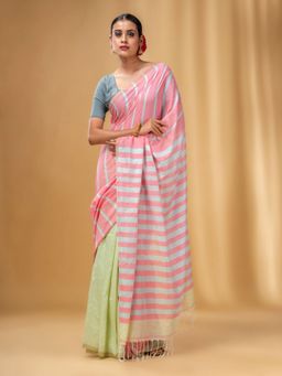 CHARUKRITI - Flamingo Pink and Tea Green Handwoven Half N Half Stripe Saree with Unstitched Blouse