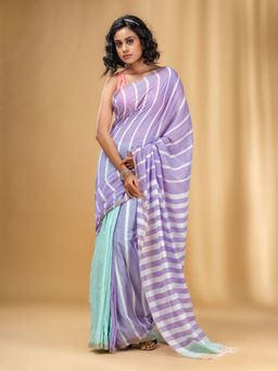 CHARUKRITI - Violet and Mint Green Cotton Handwoven Half N Half Stripe Saree with Unstitched Blouse