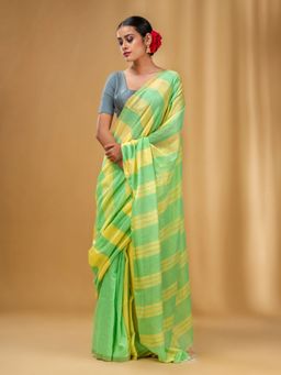 CHARUKRITI - Light Green and Yellow Cotton Handwoven Half N Half Stripe Saree with Unstitched Blouse