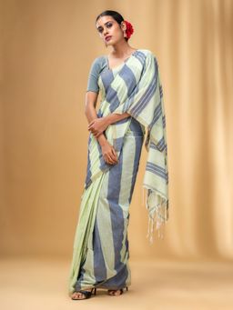 CHARUKRITI - Tea Green and Grey Handwoven Half N Half Saree with Stripe Pattern with Unstitched Blouse
