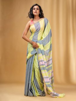 CHARUKRITI - Grey and Lime Green Cotton Handwoven Half N Half Stripe Saree with Unstitched Blouse