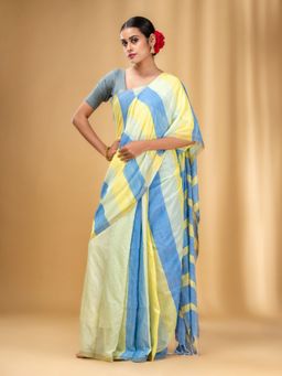 CHARUKRITI - Multicolor Cotton Colorblocked Handwoven Soft Saree with Unstitched Blouse