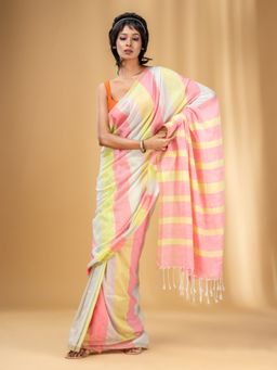 CHARUKRITI - Multicolor Cotton Colorblocked Handwoven Soft Saree with Unstitched Blouse