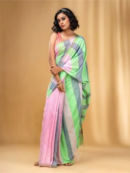 CHARUKRITI - Multicolor Cotton Colorblocked Handwoven Half N Half Saree with Unstitched Blouse