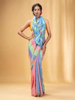 CHARUKRITI - Multicolor Cotton Colorblocked Handwoven Half N Half Saree with Unstitched Blouse