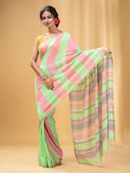 CHARUKRITI - Light Green and Punch Pink Handwoven Half N Half Stripe Saree with Unstitched Blouse