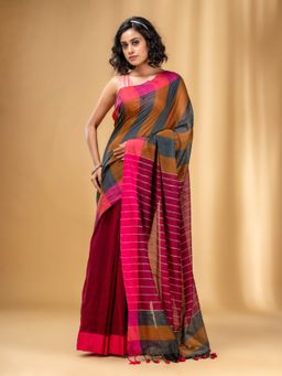CHARUKRITI - Multicolor Cotton Handwoven Saree with Stripe Gheecha Pallu with Unstitched Blouse