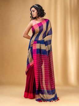 CHARUKRITI - Multicolor Cotton Handwoven Saree with Stripe Gheecha Pallu with Unstitched Blouse