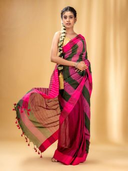 CHARUKRITI - Multicolor Cotton Handwoven Saree with Stripe Gheecha Pallu with Unstitched Blouse