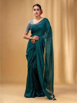 CHARUKRITI - Teal Cotton Handwoven Soft Saree with Sequin Work with Unstitched Blouse
